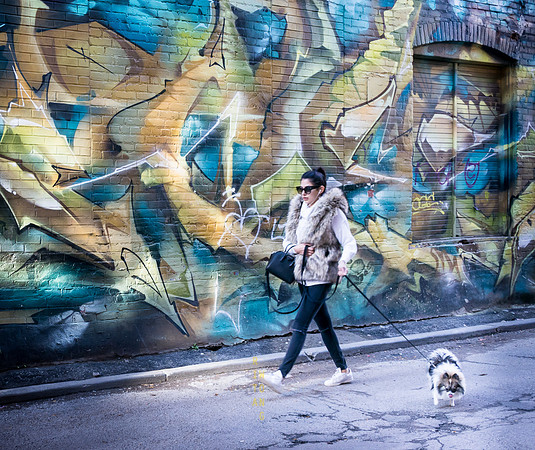 Walking Her Dog in Graffiti Alley